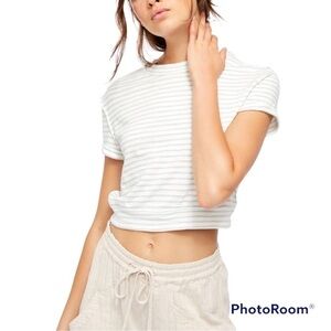 Free People Sabrina White Gray Striped
cotton blend flirty Cropped crewneck Top